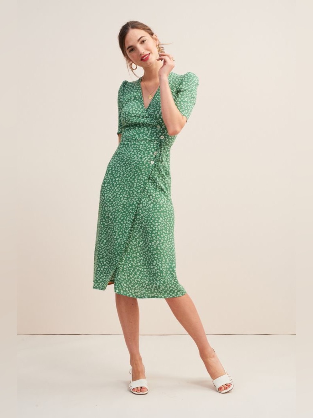 Rouje Green Floral Wrap Midi Dress with Side Slit